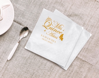 Personalized Quinceañera Napkins – Bulk Custom Mis Quince Años 15th Birthday Cocktail/Beverage Napkins, Sweet 16 Luncheon Dinner Party Décor