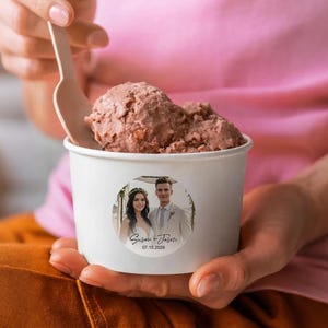 8 Oz Custom-Photo Ice Cream Cups + Wooden Spoons – Hot-Or-Cold Paper Treat Cups/Wedding Reception Favors/Wedding Cups/Engagement Party Decor