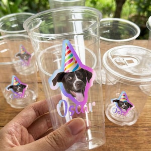 Può includere: Bicchieri monouso in plastica trasparente con un adesivo olografico di un cane bianco e nero che indossa un cappellino da festa a righe colorate. Sotto il muso del cane, il nome Oscar è stampato in un carattere corsivo olografico.