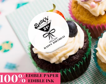 Edible Cupcake Toppers for 21st Birthday Party/Martini Birthday Cocktail Toppers/Wedding Drink Toppers/30th, 40th, 50th Birthday Party Decor