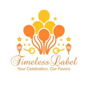 May include: A logo for a business called "Timeless Label" with the tagline "Your Celebration, Our Favors". The logo features a cluster of orange and yellow balloons with stars and lampposts on either side.