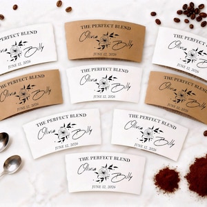 Personalized Coffee Paper Sleeves, The Perfect Blend Wedding Cups & Lids, Bulk Custom Reception Favors, Engagement Party Coffee Bar Supplies