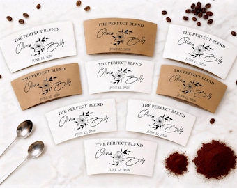 Personalized Coffee Paper Sleeves, The Perfect Blend Wedding Cups & Lids, Bulk Custom Reception Favors, Engagement Party Coffee Bar Supplies