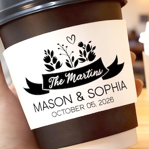 Custom Wedding Coffee Cup Sleeves, Personalized Paper Sleeves for Hot Beverage Cups, Bridal Shower & Reception Favors, Engagement Party Cups