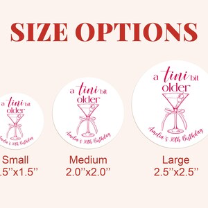 Puede incluir: Tres pegatinas redondas blancas con texto rosa y una ilustraci&oacute;n de una copa de martini rosa. Las pegatinas est&aacute;n etiquetadas "Peque&ntilde;a 1,5"x1,5"", "Mediana 2,0"x2,0"" y "Grande 2,5"x2,5"". El texto en las pegatinas dice "a tini bit older".