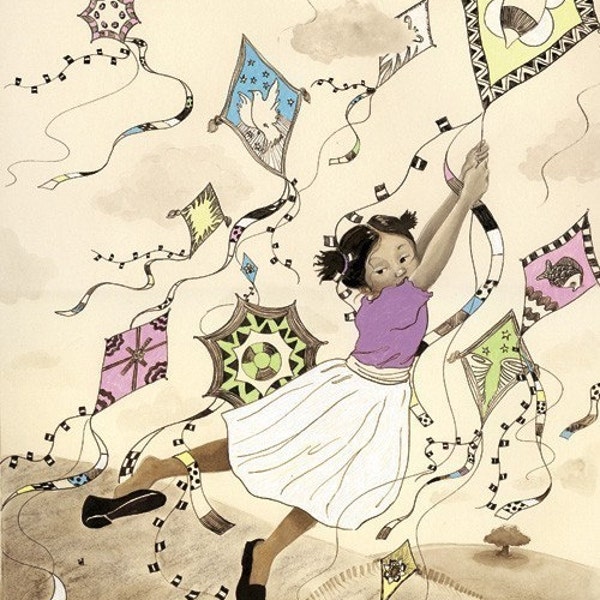 Kite Dream Art Print: Girl with Kites on Epson Velvet Paper
