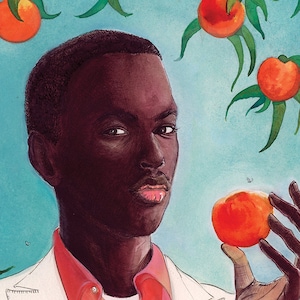May include: A portrait of a Black man with a light pink shirt and a white lab coat, holding a red peach in his right hand. He is looking directly at the viewer. The background is a light blue watercolor wash with red peaches and green leaves.