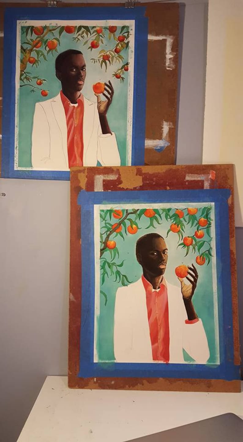 May include: Two framed paintings of a person in a white jacket and a pink shirt holding a peach in front of a green tree with orange peaches.