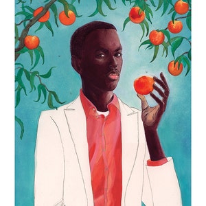 May include: A man in a white blazer and a pink shirt holds a peach in his right hand. He is standing in front of a peach tree with ripe peaches.