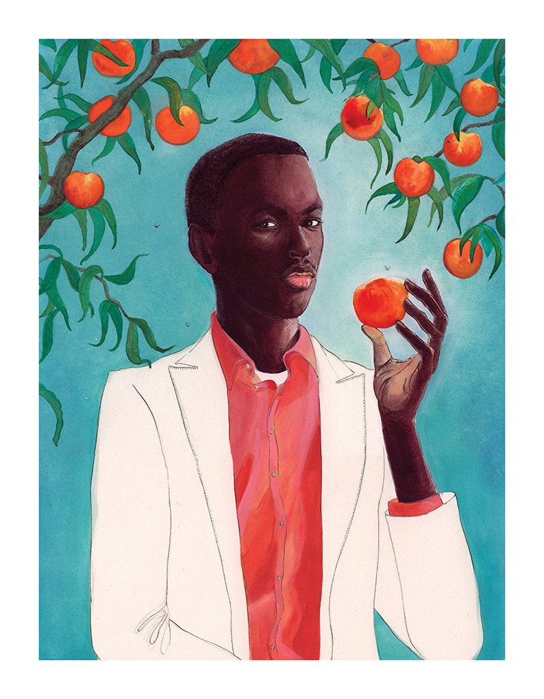 May include: A man in a white blazer and a pink shirt holds a peach in his right hand. He is standing in front of a peach tree with ripe peaches.