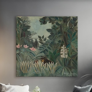The Equatorial Jungle Print by Henri Rousseau, Vintage Botanical Art, Tropical Wall Decor, Emerald Green Poster, Dark Green Jungle Art