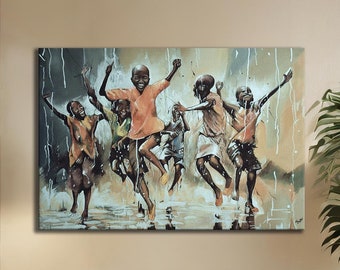 Bambini africani sotto la pioggia Tela / Arredamento africano / Arte nera / Arte murale africana / Regalo per gli amanti dell'arte