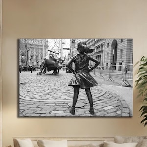 Fearless Girl and Bull Black and White Canvas Art Print: Vintage Wall Street Decor, Inspiring Investing Wall Art for Modern Spaces