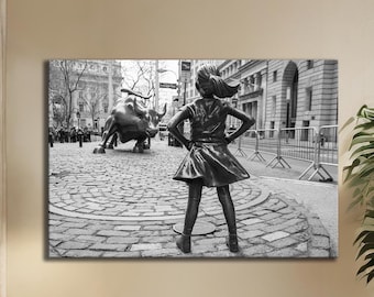 Fearless Girl and Bull Black and White Canvas Art Print: Vintage Wall Street Decor, Inspiring Investing Wall Art for Modern Spaces