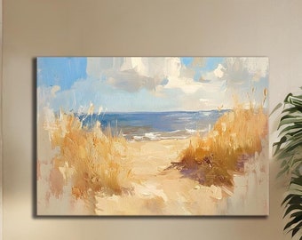 Oil Painting of Beach Scene with Grass and Blue Water in the Distance - Canvas Print, Rolled Canvas & Framed Canvas | Seascape Art