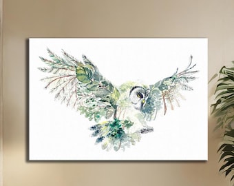 Fliegende Eule Leinwand Kunst - Grüne Eule Wanddekoration, Naturinspiriertes Eulen Poster, Einzigartiges Eulenkunstwerk Geschenk