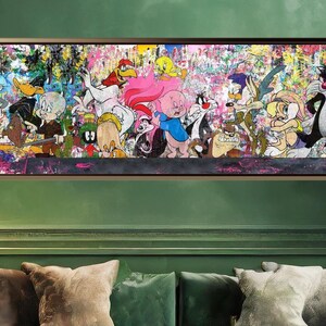 Lienzo con dibujos animados de Looney Tunes en estilo Banksy, póster de arte pop con Bugs Bunny, Tweety, Dorlock Homes y el Correcaminos