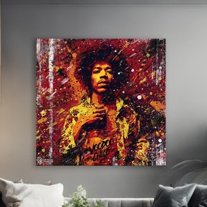 Jimi Hendrix Abstract Pop Art Canvas, Graffiti-Style Oil Painting, Square Canvas Art Tribute to Jimi Hendrix, Iconic Wall Decor