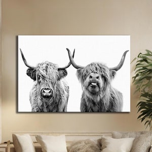 Highland Cow Wall Art, Black & White Canvas, Rustic Farmhouse Decor, Scottish Cow Painting, Brown Cow Art for Home Decor