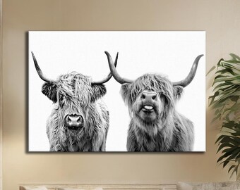 Highland Cow Wall Art, Black & White Canvas, Rustic Farmhouse Decor, Scottish Cow Painting, Brown Cow Art for Home Decor