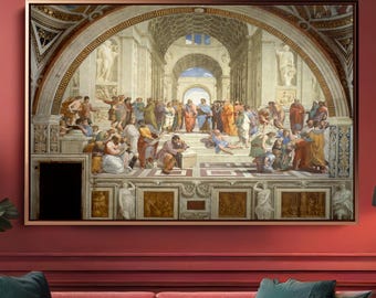 Lienzo decorativo de La Escuela de Atenas, obra maestra renacentista de Rafael, decoración de filosofía clásica, arte académico para oficinas y bibliotecas.