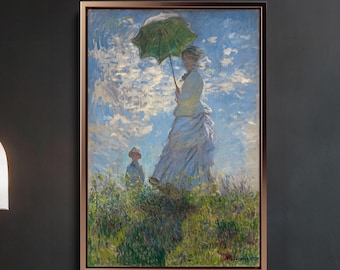 Impresión en lienzo de Mujer con sombrilla de Monet / El paseo impresionista / Reproducción de Madame Monet y su hijo para decoración de pared