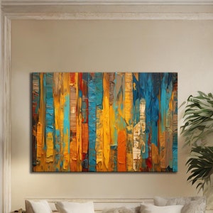 Abstract Painting in Blue, Orange, and Yellow - Canvas Wall Art, Rolled Canvas & Framed Canvas | Modern Art