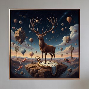 May include: A framed art print depicts a surreal scene with a brown deer standing on a floating island with a clock. Hot air balloons, keys, and fish float in the sky. The artwork has a brown and gold frame and is displayed above a white sofa.