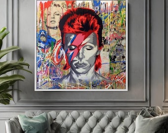 Banksy Square David Bowie Canvas | Graffiti Pop Art Wall Decor | Unique Street Art Poster for Bowie Fans and Modern Homes