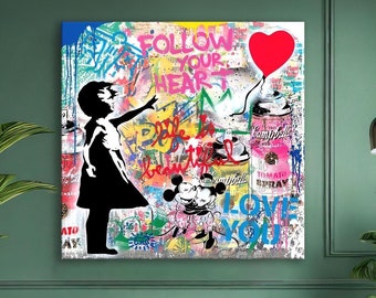 Ballon Mädchen Pop Art Leinwand Wandkunst | Banksy-inspiriertes Dekor | Folge deinem Herzen Street Graffiti | Perfekt für Trendy Spaces