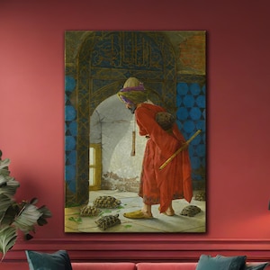 May include: A framed painting depicts a figure in a red robe and hat, examining several turtles. The artwork is set against an arched doorway with blue and gold tilework. The room has red walls, a red sofa, and a large green plant.