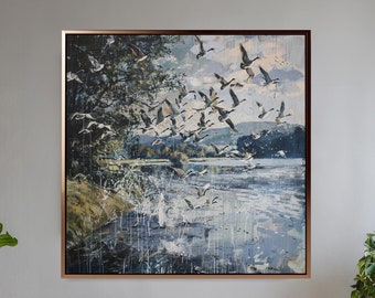 Lake with Flock of Geese Taking Flight - Canvas Print, Rolled Canvas & Framed Canvas | Nature Wildlife Art