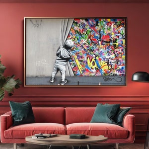 Banksy Pop Art Graffiti Leinwand | Hinter dem Vorhang Poster | Einzigartiges Street Art Dekor für Moderne Kunst Liebhaber