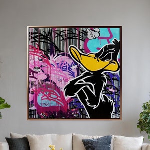 Luxe Daffy Duck pop-art schilderij, unieke canvasprint voor thuis, ideale decoratie voor verjaardagen en kerstcadeaus