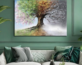 Four Seasons Tree Canvas Art Print - Colorful Modern Design, Seasonal Wall Decor for Home or Office