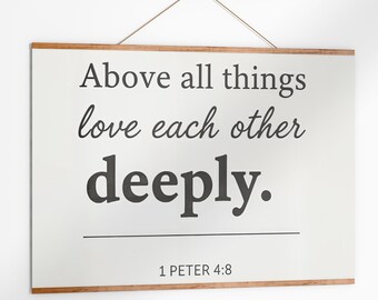 Drewniany napis „Miłujcie się wzajemnie ponad wszystko” na płótnie, werset biblijny, chrześcijański wystrój domu, duży, oprawiony w ramę, naturalny, drewniany napis