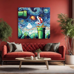 Van Gogh Mario Canvas Art, Starry Night Printed, Mario World Wall Art, Modern Mario Bros Printed for Home Decor