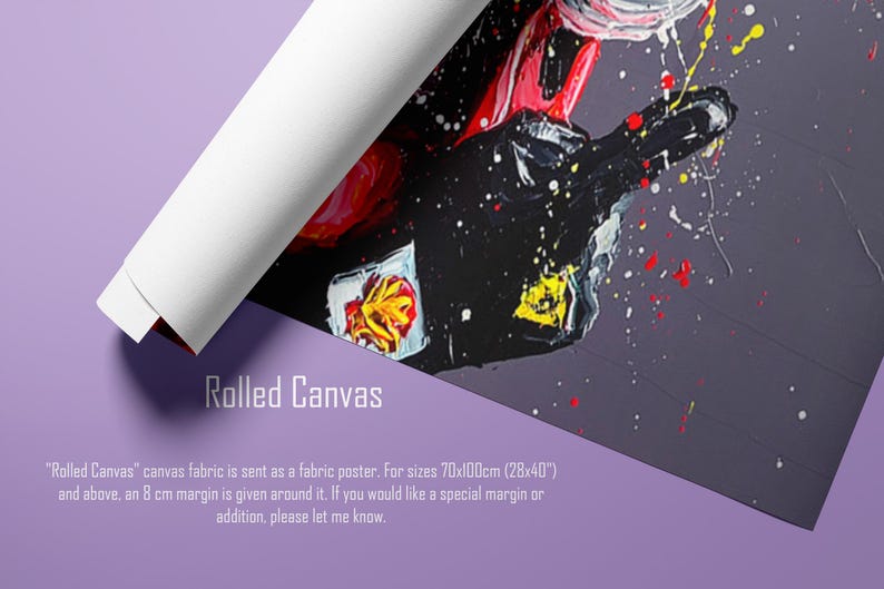 May include: Rolled canvas art print featuring a close-up of a hand with red, black, and yellow paint splatters. The canvas is rolled up, revealing a white edge. The text "Rolled Canvas" is visible.