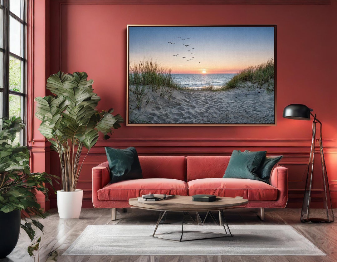 Sand Dunes Beach Sunset Canvas Wall Art - Stunning Seascape With Birds ...