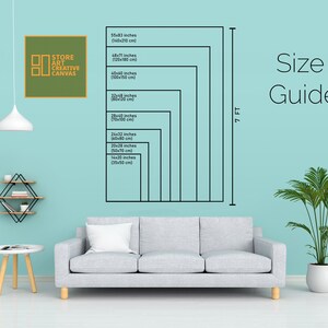 May include: A canvas print size guide, displaying dimensions in inches and centimetres. Sizes range from 14x20 inches (35x50 cm) to 55x83 inches (140x210 cm). The text "Size Guide" is visible on a light blue wall.