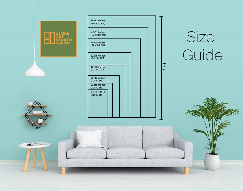 May include: A canvas print size guide, displaying dimensions in inches and centimetres. Sizes range from 14x20 inches (35x50 cm) to 55x83 inches (140x210 cm). The text "Size Guide" is visible on a light blue wall.