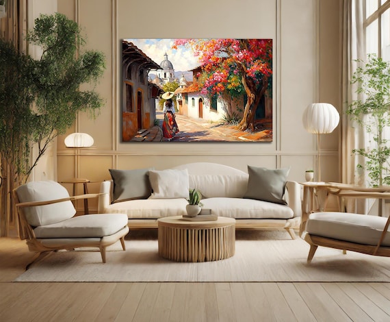 メキシコの村落カラフルな民俗画