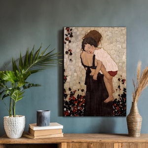 グスタフ・クリムト「子供を抱く母親」1905年キャンバスプリント：有名な絵画の肖像画、大人とスタイリッシュな空間のためのモダンアート装飾