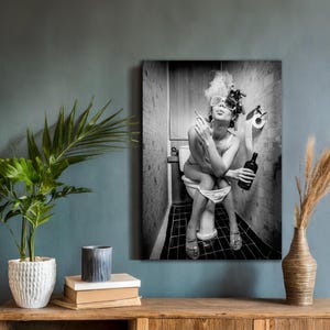 Black and White Fashion Toilet Girl Smoke Canvas: Trendy Wall Art, Funny Bathroom Decor, Stylish Girly Wall Art for Modern Spaces