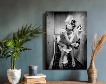 Black and White Fashion Toilet Girl Smoke Canvas: Trendy Wall Art, Funny Bathroom Decor, Stylish Girly Wall Art for Modern Spaces