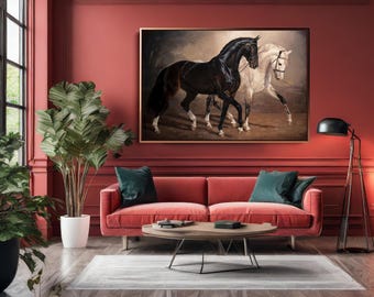 Arte de caballos en blanco y negro, impresión en lienzo o póster, diseño contemporáneo de caballos salvajes para sala de estar, decoración animal moderna