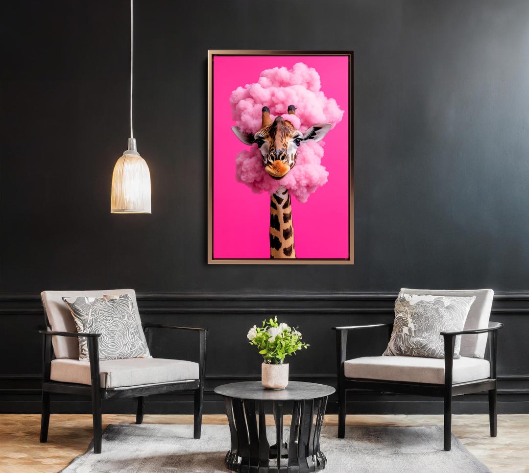 Surreal Giraffe in Pink Cloud Canvas, Whimsical Nursery Wall Art ...