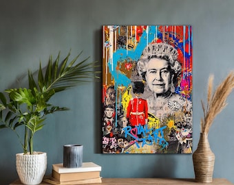 Banksy-Inspired Queen Elizabeth II Pop Art Canvas, Bold Street Graffiti Wall Art, Unique Royal Pop Art