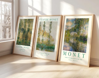 Monet Set of 3 Exhibition Museum Wooden Framed Art, Gallery Wall Art Paintings, Rolled Canvas Poster