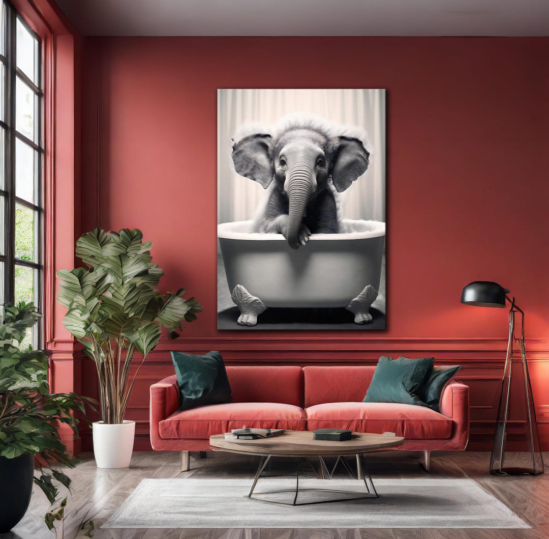 Funny Baby Elephant in Bathtub Canvas, Black and White Bathroom Wall ...